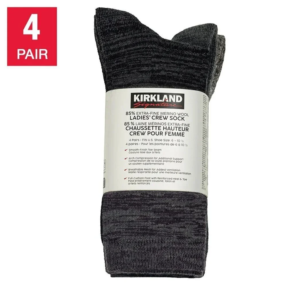 Kirkland Signature Womens Extra-Fine Merino Wool Blend Crew Sock, 4-pair